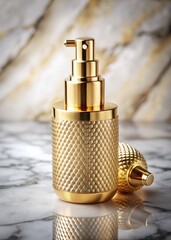 Canvas Print - Luxurious golden perfume bottle on a marble surface.