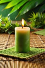 Canvas Print - Green candle burning among fresh leaves.