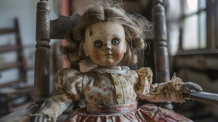 Wall Mural - A creepy doll with cracked porcelain skin sitting in an old rocking chair