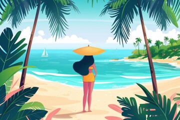 Wall Mural - Woman with Hat Looking at Tropical Beach and Palm Trees Illustration