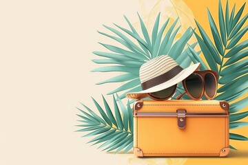 Canvas Print - Tropical Vacation with Suitcase and Hat by the Sea