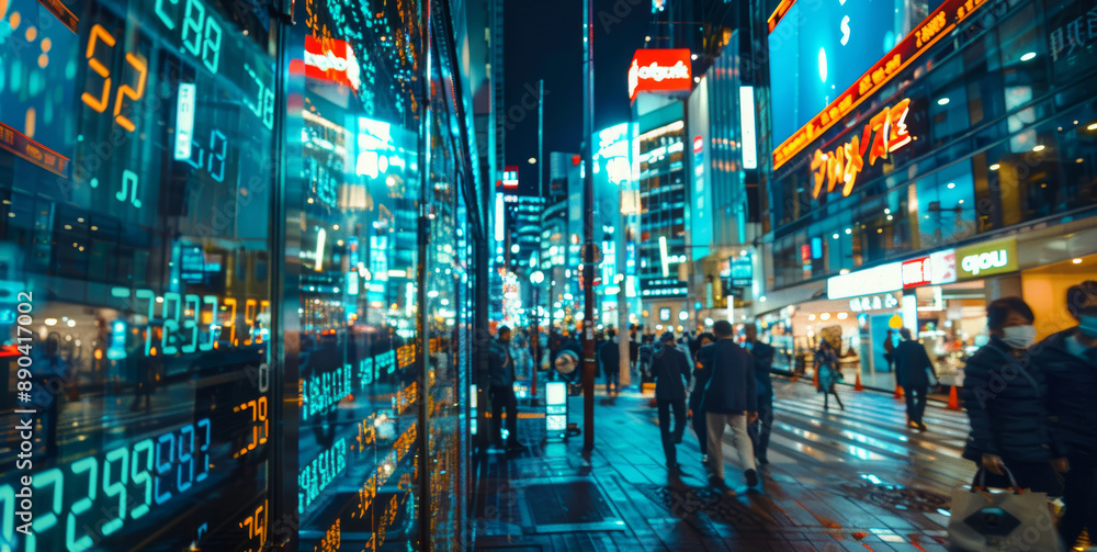 Dynamic Night City Street in Tokyo with Stock Market Displays and Neon ...