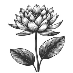 Wall Mural - blooming lotus flower with buds, water lily Nymphaea, elegant and detailed floral art sketch engraving generative ai vector illustration. Scratch board imitation. Black and white image.