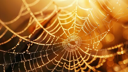 Hyper-realistic macro photograph of a dewdrop-covered spider web at dawn, golden sunlight refracting through each droplet, intricate silk patterns visible, shot on professional DSLR camera