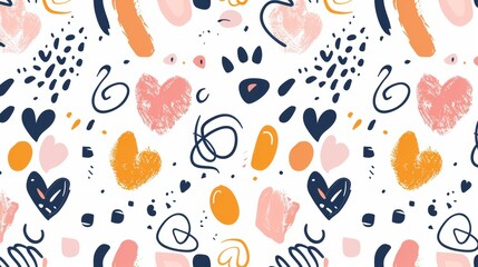 This seamless pattern is drawn with various motifs like hearts, spots, and shapes and has room for text.