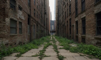 Canvas Print - Abandoned urban alley with overgrown plants