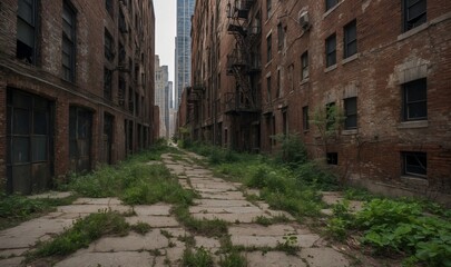 Canvas Print - Urban alleyway with wild plants growing everywhere