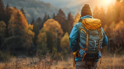 Poster - Adventurer Embracing the Energy of New Beginnings with Backpack in Scenic Autumn Landscape