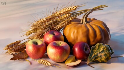 Wall Mural - A close up of a pumpkin, apples and wheat on the table, AI