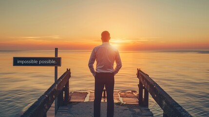 To challenge the team and motivate them to aim for success, the businessman stood on the bridge overlooking the sunset and ocean, eliminating the word 