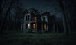 © Heruvim - Night view of an eerie, abandoned house with lights on.