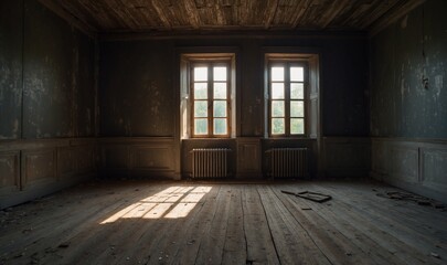 Empty old room with wooden floor and peeling paint walls.