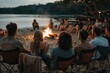 © Milos - A group of friends have a beachside campfire movie night, comfortably seated by a lake as they watch a film on a large screen under the twilight sky, surrounded by nature.