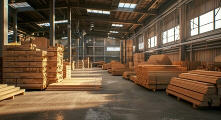 Wood Manufacturing. Wood Stacks in Warehouse for Timber Construction Industry