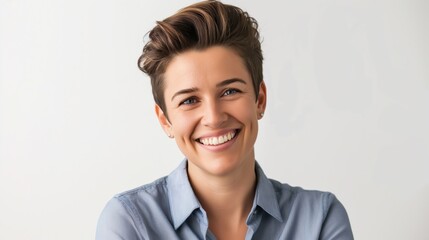 Wall Mural - Photo of a smiling, confident, optimistic tech worker on a white background