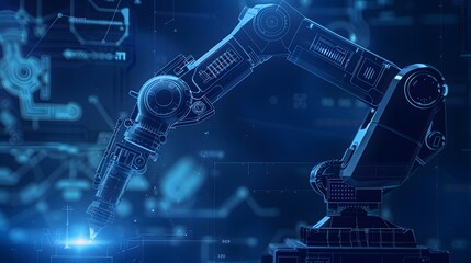 A robot is shown in a blue background with a glowing light. The robot is a large, mechanical arm with a black and silver color scheme. Concept of futuristic technology and advanced engineering