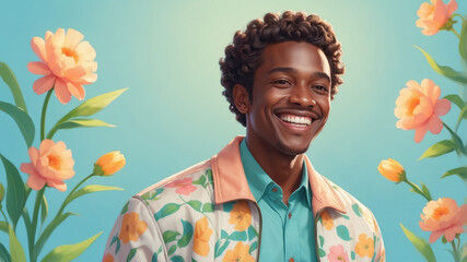 A man with an afro and warm smile poses in front of a light blue background covered in peach and yellow blossoms. He wears a floral-patterned jacket, adding to the vibrant atmosphere