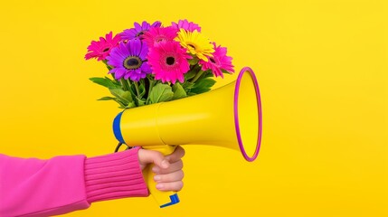 Wall Mural - A person is holding a microphone and a bouquet of flowers. The microphone is yellow and the flowers are pink, purple, and yellow. Concept of celebration and joy