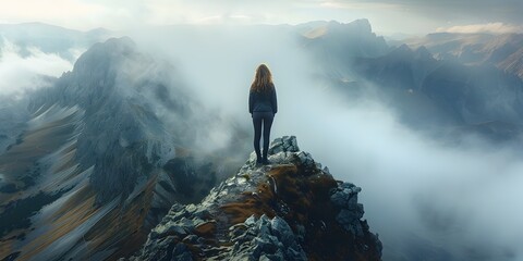 Wall Mural - Businesswoman Stands Atop Mountain Peak Symbolizing Business Success and Achievement