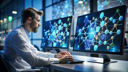A person sits in an office and works at a computer, the image of the neural network is displayed on the monitor. High quality image