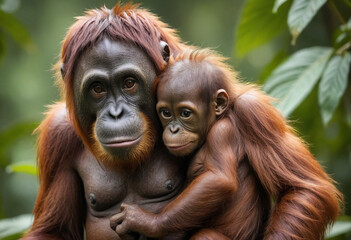  A photo of a baby orangutan clinging to its mothers back. (Raise awareness about endangered species) 