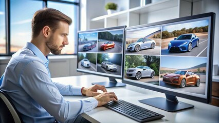 A person sits in an office and works at a computer, the image of sports cars is displayed on the monitor. High quality image