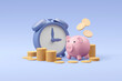 © Khomkrid - 3D rendering includes a piggy bank, alarm clock and pile of coins. The piggy bank represents saving money. Clocks are symbols of time and coins.