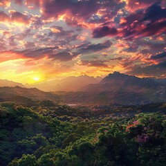 Wall Mural - majestic mountain range at sunset vibrant colors painting the sky lush green forests in foreground serene atmosphere dramatic lighting