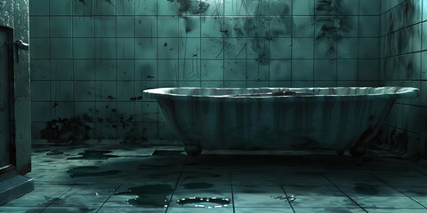 Fototapete - Drowning in Tears of Sorrow: A bathtub filled with murky water, stained by tears, stands empty in a dimly lit bathroom.