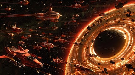Wall Mural - a massive space battle near a black hole, with ships dangerously close to its event horizon.