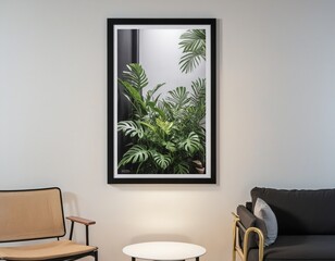 Sticker - Poster mockup with vertical black frame in in living room