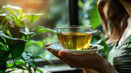 A person taking a green tea extract supplement with a cup of freshly brewed green tea