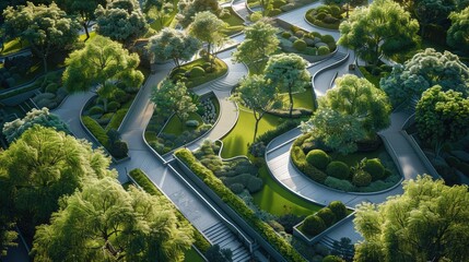 Eco-friendly urban architecture. Urban Park, no people. Aerial high view. Generative AI.