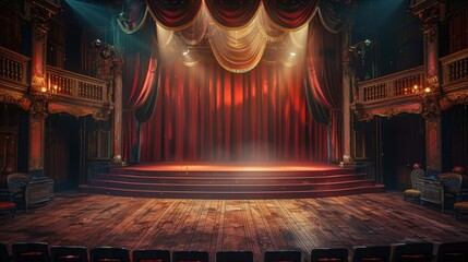 Theatre stage with intricate set design, moody lighting, realistic studio setting, high detail and vivid colors