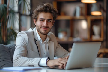 Aufkleber - A young happy handsome businessman working with a laptop. Generative AI.