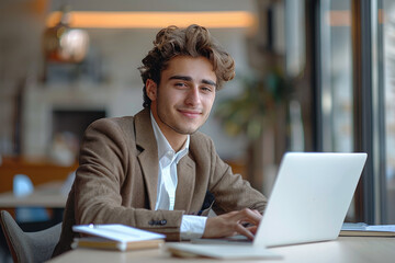 Aufkleber - A young happy handsome businessman working with a laptop. Generative AI.