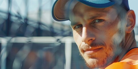 A person wearing a baseball cap and orange shirt, with a casual and relaxed expression