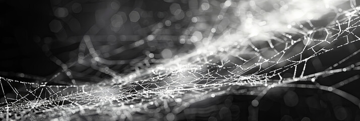 Spider web with dew drops in black and white close-up intricate natural pattern