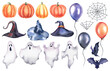 © Marina - Halloween watercolor set: pumpkin, hat, ghost, bat, balloon, spider web. The illustration is hand painted. A celebration of spirits and monsters. A bundle for decoration.