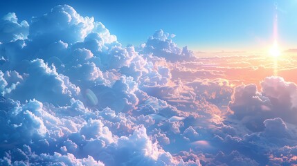 Wall Mural - Aerial View of Fluffy Clouds at Sunset With Golden Light