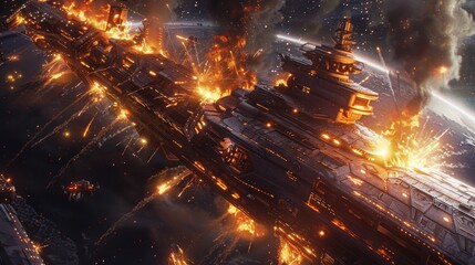 Wall Mural - A massive space station under siege with explosions lighting up its surface.