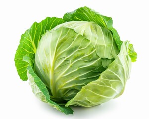 Wall Mural - Cabbage Isolated on White Background. Fresh and Organic Green Vegetable for Healthy Salad