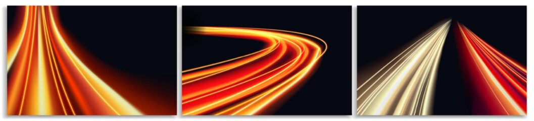 Road lights. Curved light strip or yellow and red speed line. Glowing street exposure like fast car effect. Dynamic neon blurred motion. Abstract vector illustration set isolated on white background