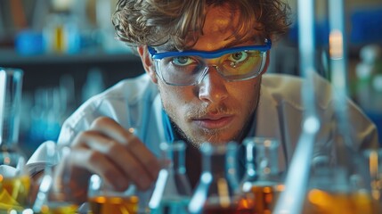 Aufkleber - Focused male chemistry student mixing colorful reagents in a lab, his experiments creating a kaleidoscope of reactions. Generative AI.