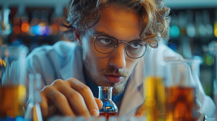 Aufkleber - Focused male chemistry student mixing colorful reagents in a lab, his experiments creating a kaleidoscope of reactions. Generative AI.