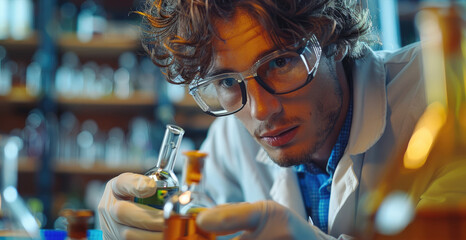 Aufkleber - Focused male chemistry student mixing colorful reagents in a lab, his experiments creating a kaleidoscope of reactions. Generative AI.
