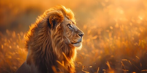 Poster - Majestic Lion Gazing Across Golden Savanna Backdrop in Wildlife Portrait