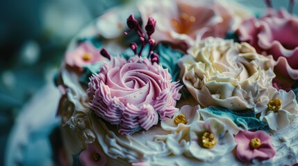 Wall Mural - Delicious cake decorated with beautiful icing flowers is ready for a celebration