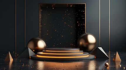 Wall Mural - black podium with golden geometric shapes on dark background for product presentation, ai concept in