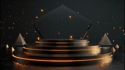 Wall Mural - black podium with golden geometric shapes on dark background for product presentation, ai concept in